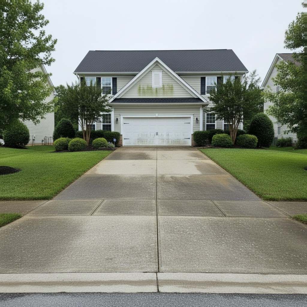 A driveway stained with grime and algae before pressure washing