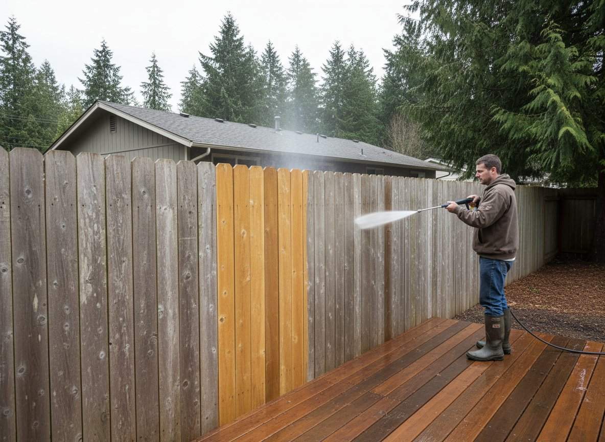 A weathered wood fence and deck being cleaned at a Spokane home, gray boards brightening as the grime lifts
