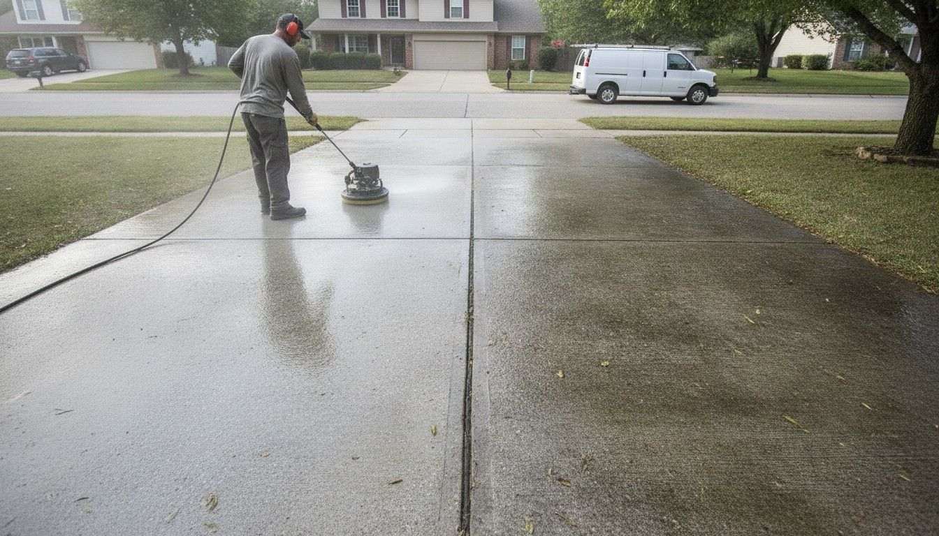 Pressure washing a concrete driveway in Spokane