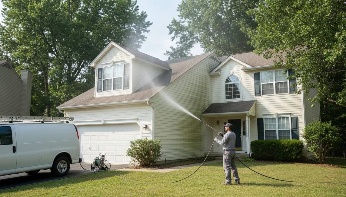 Soft washing a house exterior in Spokane