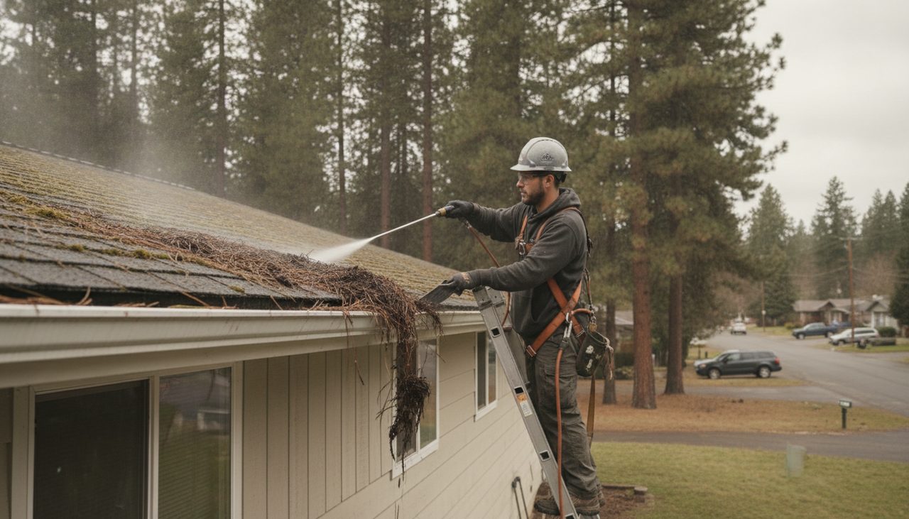 A technician on a ladder soft washing moss off asphalt shingles and clearing pine needles from the gutter of a Spokane home