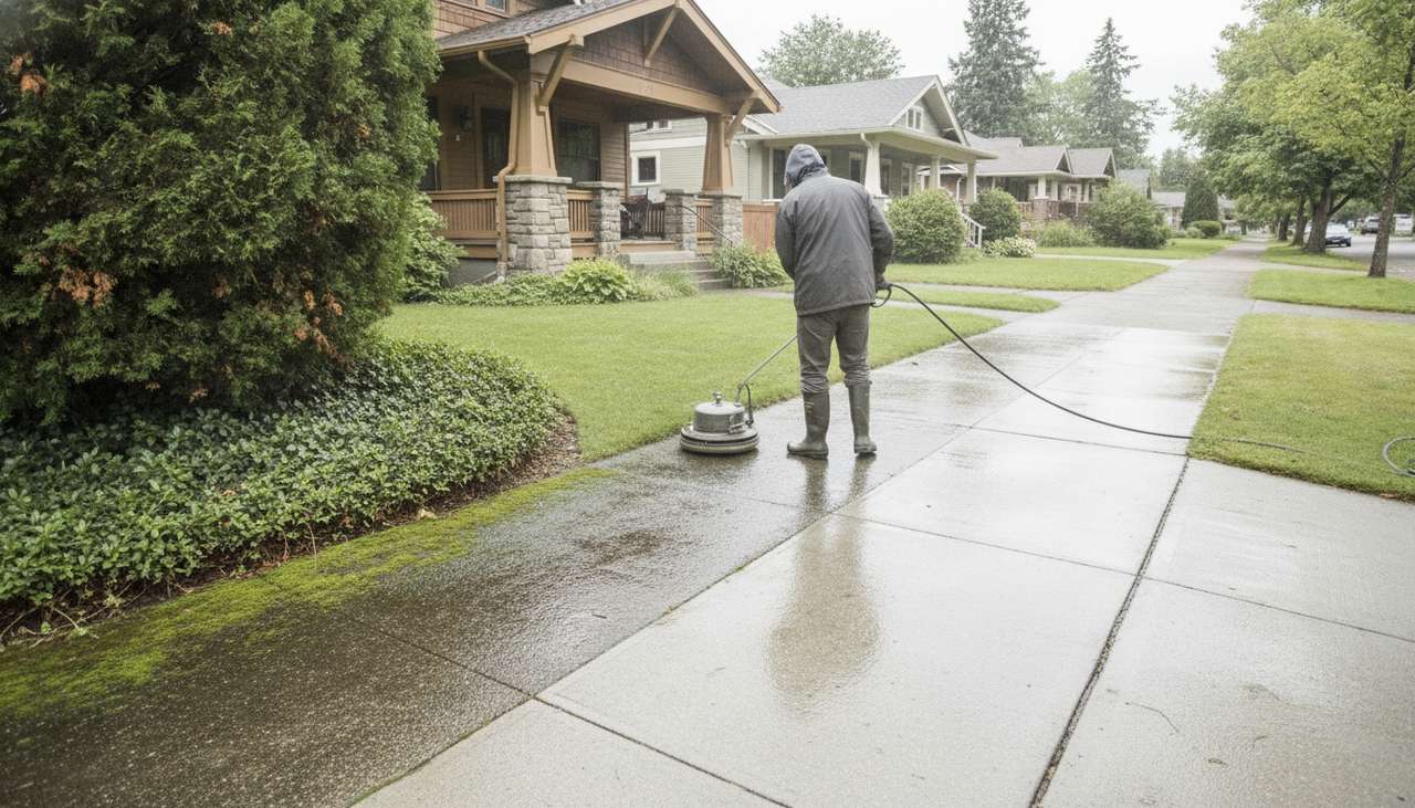 A Spokane sidewalk being cleaned with a rotary surface cleaner, the algae-darkened concrete coming back to a clean light gray